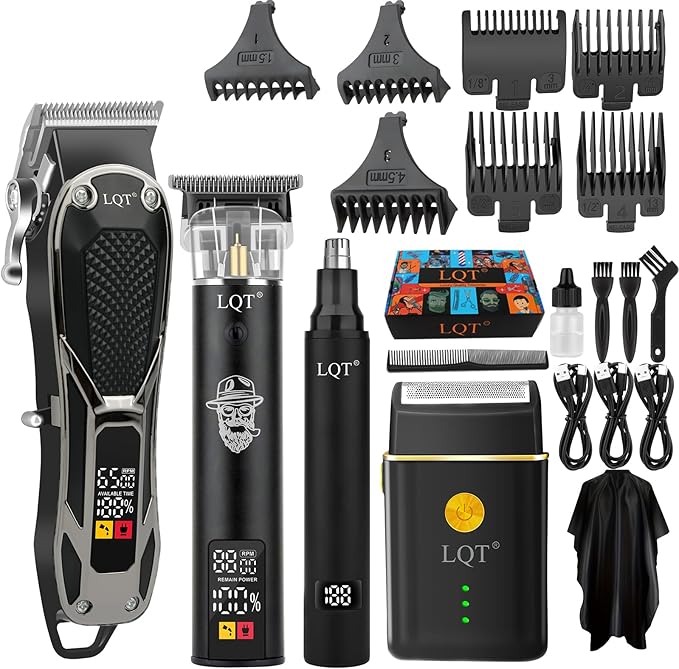 Hair Clippers for Men with LED Power Display, 4-Piece Professional Grooming Kit Includes Hair Clipper, Detail Trimmer, Foil Shaver & Nose Trimmer, Complete Cordless Set for Home Barber Use (Black)