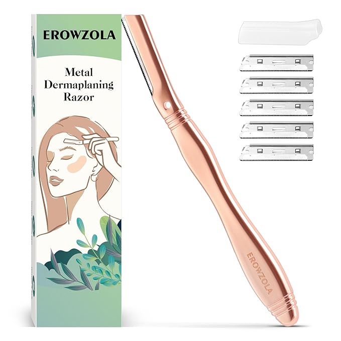 Eyebrow Razor for Women and Men, Face Razors for Women, Dermaplane Razor with Protective Silicone Cover, Reusable Metal Handle with 6 Refill Blades, Skin Care Tool - Rose Gold