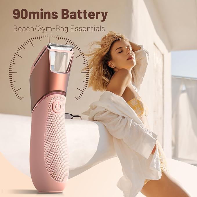Bikini Trimmer for Women: Pubic Hair Razor with Mirror & LED Light, Electric Shaver with Travel Lock & Ceramic Blades - Body Groomer IPX7 Waterproof Use for Legs/Arm/Underarm - Dusty Pink