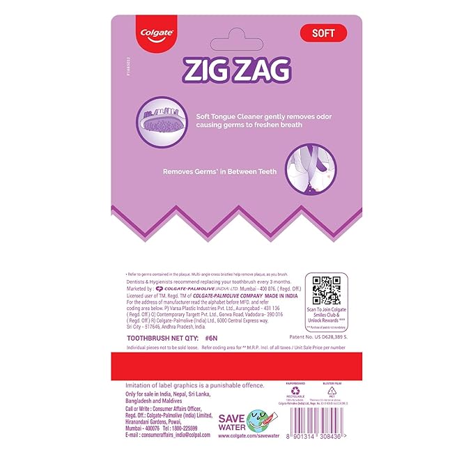 Colgate ZigZag Toothbrush for Deep Inter dental Clean with multi angle zig zag bristles (Medium, Pack of 6)