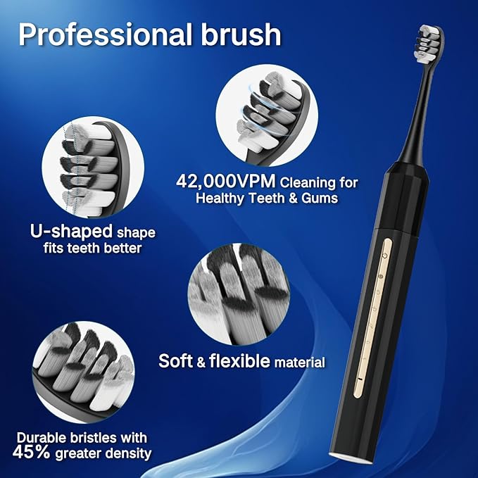 Sonic Electric Toothbrush with 10 Brush Heads for Adults and Children, Up to 90 Days on a Single Charge, 5 Modes, Built-in 2-Minute Smart Timer, IPX8 Waterproof Electric Toothbrush (Black)