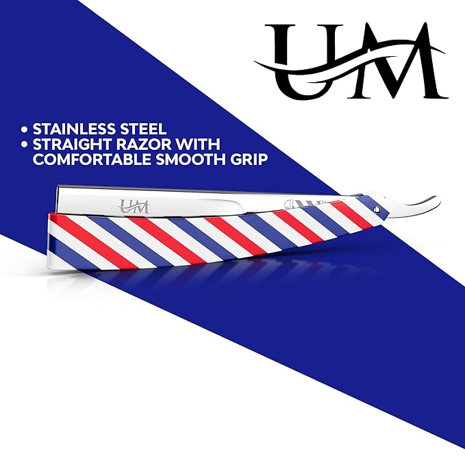 UM Supplies Straight Razors for Men – Professional Barber Straight Edge Razor Kit with 10 Replaceable Insert Single Edge Blades - Navajas Para Barbero Barber Pole Design (Red, White, Blue)