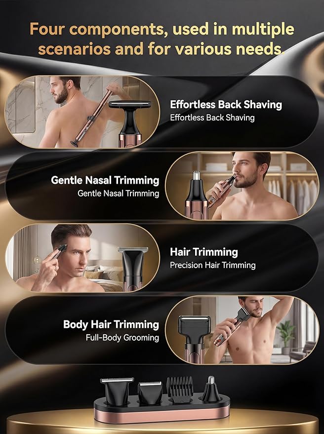 Back Shaver for Men with LED Display, 4-in-1 Rechargeable Body & Back Trimmer, Extendable Long Handle, Safety Lock, IPX7 Waterproof, Adjustable Speed, Wet/Dry Use, Travel Case Included