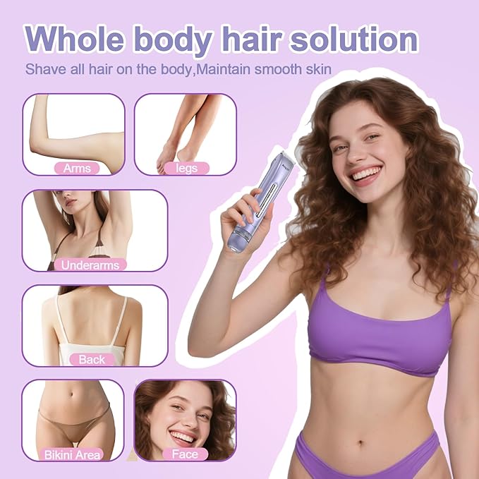 Bikini Trimmer for Women, Painless Electric Shaver with 2 in 1 Dual Head, Waterproof Wet & Dry Pubic Hair Remover, Rechargeable Bikini Razors for Face Body Underarm,Easy Cleaning & Travel-Friendly