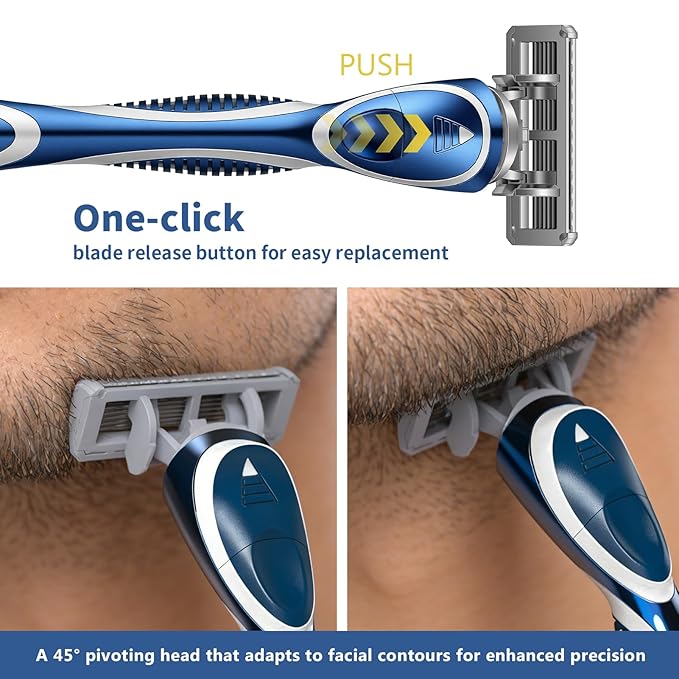 6-Blade Manual Razor for Men with Lubricating Strip, 1 Ergonomic Non-Slip Handle Includes 4pack Razor Blade Refill Cartridges, with Hanging Hook & Cleaning Brush, Full Washable Design