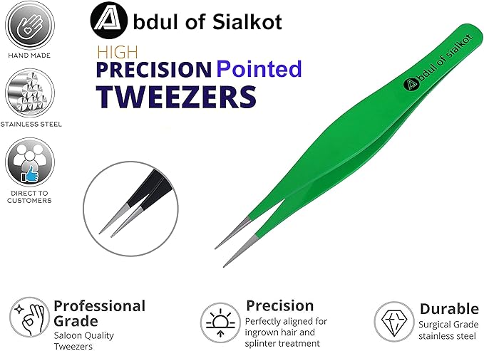 Pointed Tweezers,Needle Nose Tip, Sharp Precision Ingrown Hair, Surgical Pointed for Blackheads & Splinters/Best Tweezers for Eyebrows (Green)