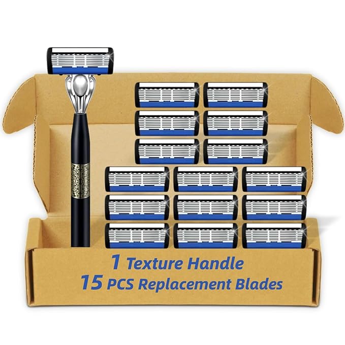 7-Blade Razor for Men, Men's Manual Refill Cartridges Razors Kit, Dual Lubrication Precision Beard Trimmer, Safety Men's Shaving Essentials Kit for Smooth and Comfortable Shave (1 Razor + 15 Blade)