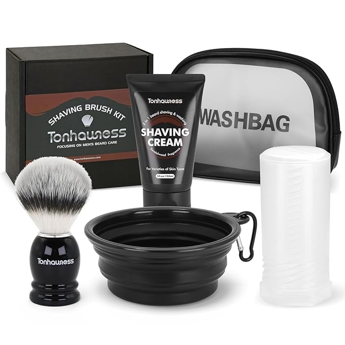 Travel Shaving Brushes Kit For Men, 5 In 1 Shaving Brush Set With Nylon Bristle Shave Brush, Shave Brushes Travel Case, Shaving Cream, Foldable Shaving Bowl and Washbag For Trip, Holiday
