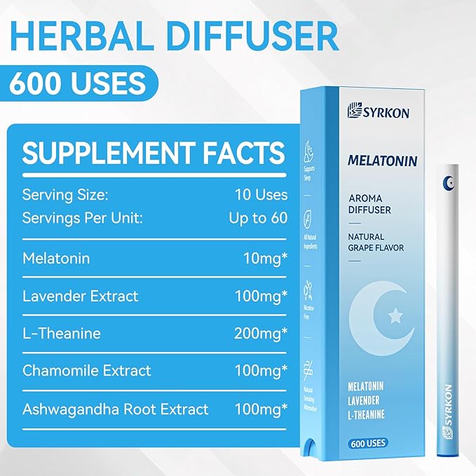 Melatonin Diffuser Pen, Sleep Support & Stress Relief, Grape Flavor, Extracts of Lavender, L-Theanine and Ashwagandha, Habit Transition, 600 Uses