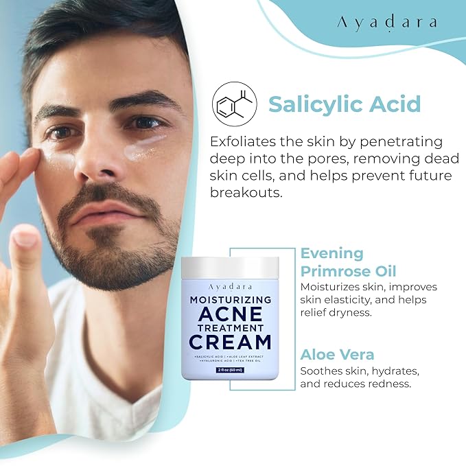 Moisturizing Acne Cream, Salicylic Acid Face Moisturizer for Oily & Acne-Prone Skin, Helps with Pimples, Blackheads, Whiteheads, Hormonal & Cystic Acne, for Men and Women, 90-Day Supply by Ayadara
