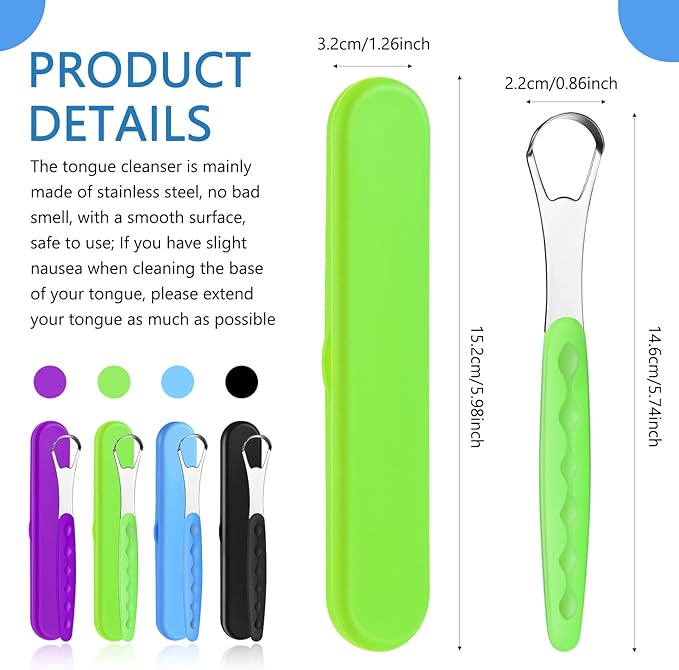 4 Pcs Tongue Scraper Cleaner Adults and Kids Stainless Steel Tongue Brush Metal Scraper Reduce Bad Breath with Travel Cases for Men Women Oral Mouth(Green, Blue, Black and Purple)