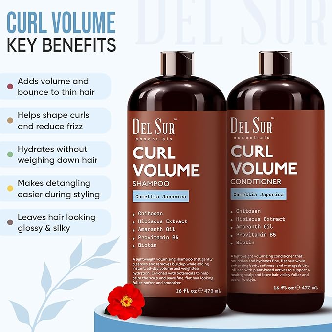 DEL SUR Curly Hair Shampoo and Conditioner Set | 16 fl oz Each | with Camellia Japonica, Hibiscus & Amaranth Oil | Curl Defining, Volume & Hydration for Curly & Wavy Hair