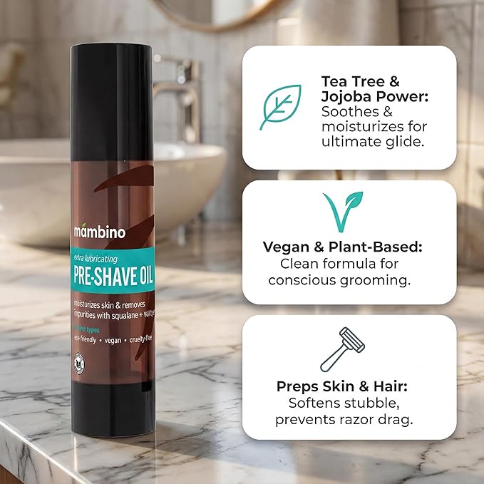 Mambino Organics Tea Tree Pre-Shave Oil 2-Pack, Natural Shaving Oil with Tea Tree & Jojoba Oil, Moisturizing Shave Oil for Smooth Shaving, Vegan Grooming Essential for Sensitive Skin, 2 oz Each