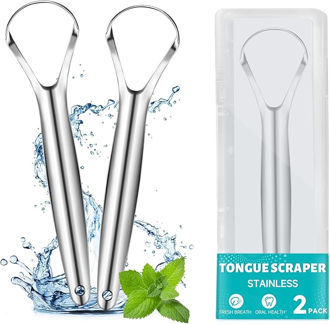 EZ COZY 2 Pack Tongue Scraper for Adults, Reduce Bad Breath, Tongue Cleaner with Travel Case, Stainless Steel Tongue Scrapers, Tongue Brush, Tongue Scrubber for Oral Care & Hygiene