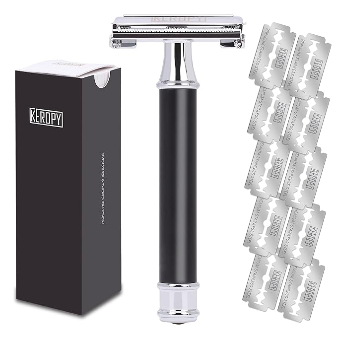 Mens Safety Razor, Black Matte Finish Heavy Weight DE Safety Razor for Wet Shaving, includes 10 Keropy Blades - Vintage Classic Design, Non-Slip Handle - Ideal Gift for Men, Father's Day, Birthday