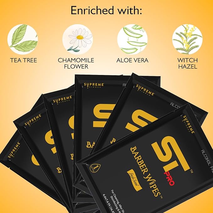 Supreme Trimmer Alcohol-Free After-Shave & Face/Body Wipes - 50 Individually Wrapped Disposable Barber Wipes for Sensitive Skin, Fresh Scent, Travel Friendly