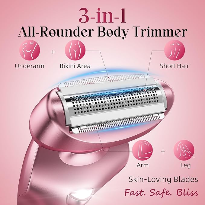 Cordless Electric Razors for Women: Rechargeable Painless Bikini Trimmer for Body Hair - IPX7 Waterproof Shaver with LED Display for Face/Underarm/Leg Light Pink
