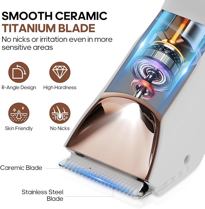 Electric Body Hair Trimmer Shaver - 3 in 1 Pubic Trimmer for Men - Bikini Trimmer for Women - No Nick Groin Ball Razor with Ceramic Blade Heads, Wireless Dock Charging, Wet/Dry Use (White)