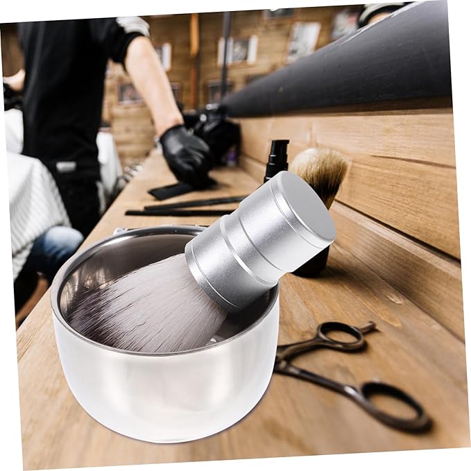 minkissy Nylon Hair Shaving Brush and Double Layer Stainless Steel Shave Bowl Lathering Mug for Traditional Wet Shaving Combination