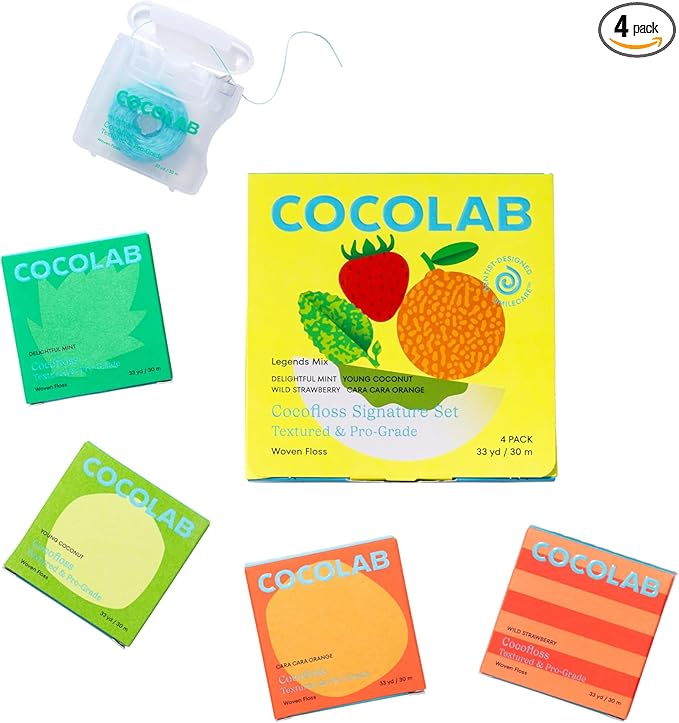 Cocofloss Woven Dental Floss, Dentist-Designed Oral Care, Waxed, Vegan, Kid-Friendly, with Coconut Oil, 4-Pack of Mint, Coconut, Orange, Strawberry (33 yard Each)
