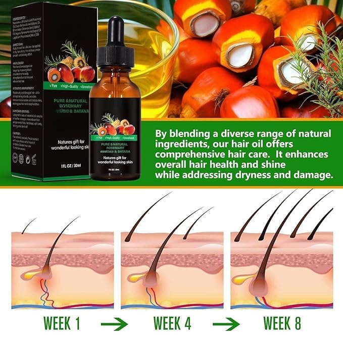 Batana Oil & Rosemary Hair Growth Treatment - Reduces Hair Loss & Stimulates Follicles, Scalp with Argan Oil - Women Men (1 Pcs)