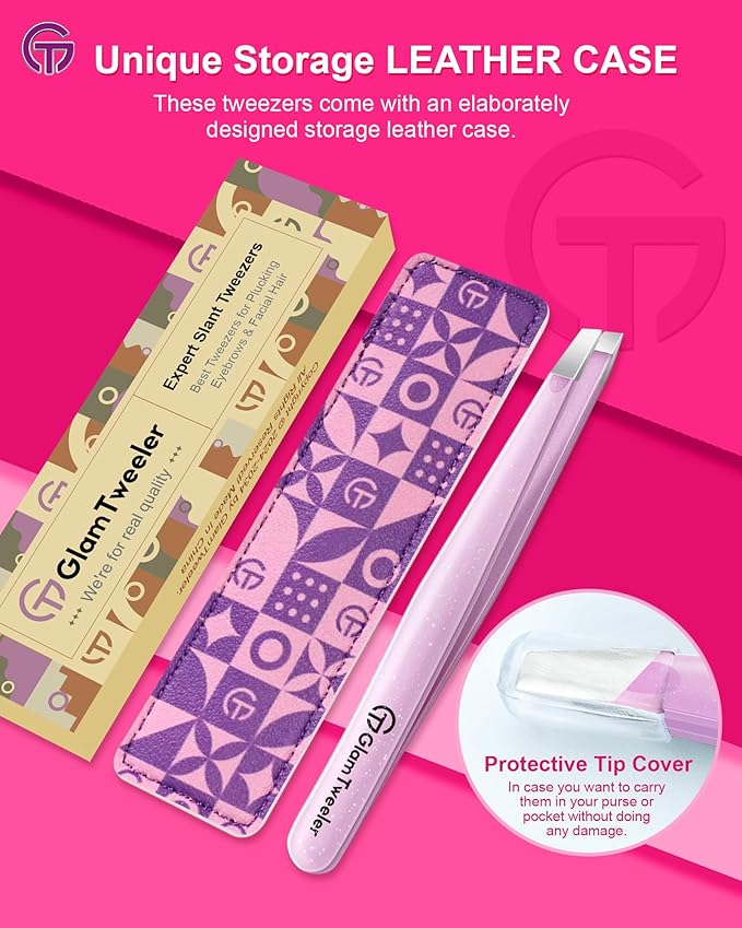 Expert Eyebrow Hair Removal Tweezer with Leather Case, GlamTweeler High Precision Slant Tip Stainless Steel Tweezers for Men and Women (Sparkle Baby Pink)