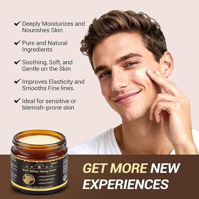 IIIMEIDU Tallow and Honey Balm, Beef Tallow for Skin, Tallow Face Moisturizer with 100% Organic Grass-Fed Beef Tallow & Raw Wild Honey, Natural Formula for Face & Body for Men Women