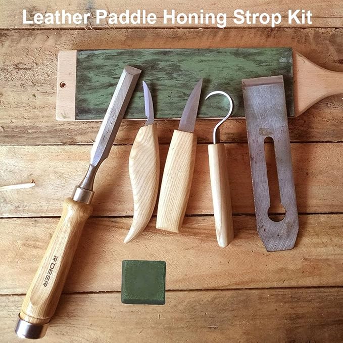 Natural Leather Sharpening Strop w/Green Polishing Compound, Knife Razor Polishing Board Wooden Black Handle Double-Sided Vegetable Tanned Leather, Multifunctional Wood Handle Strop Tool