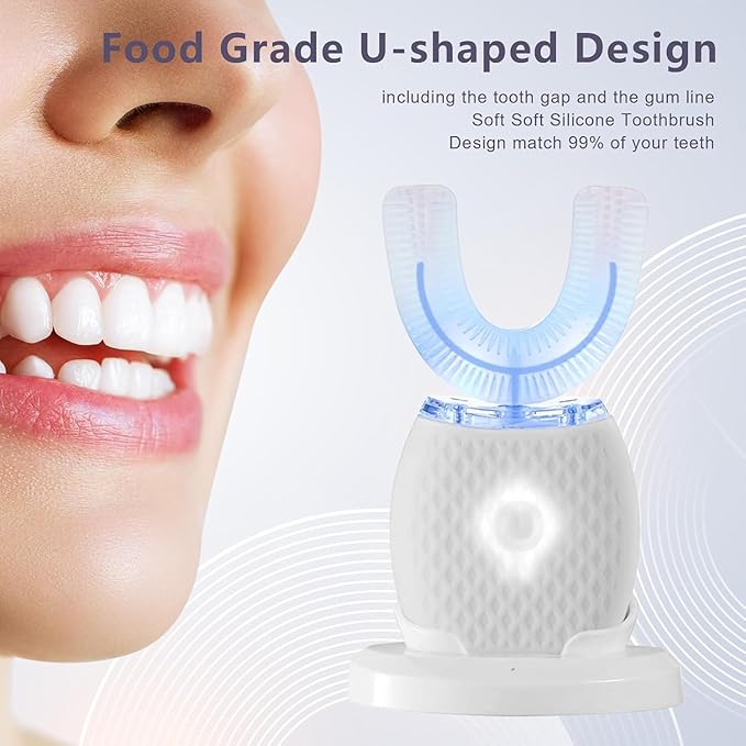 Smart U-Shaped Ultrasonic Toothbrush for Adults: 360° Full Mouth Cleaning with Auto Rotation, Smart Pressure Sensor & LED Light, Includes Foam Mousse, 4 Brush Heads and Charging Base (white)