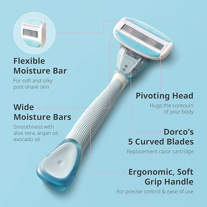 DORCO eve Pack of 5 Razors for Extra Smooth Shaving (No Razor Handle, 8 Piece Razor Blade Refills), Razors for Shaving with Aloe Vera Moisture Bar, Interchangeable Cartridge for Sensitive Skin