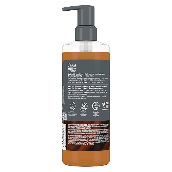 DOVE MEN + CARE 2-in-1 Shampoo + Conditioner Sandalwood & Cardamom Oil for Thick & Full Hair, + Vitamin B3 & Mineral Complex, 17.5 oz