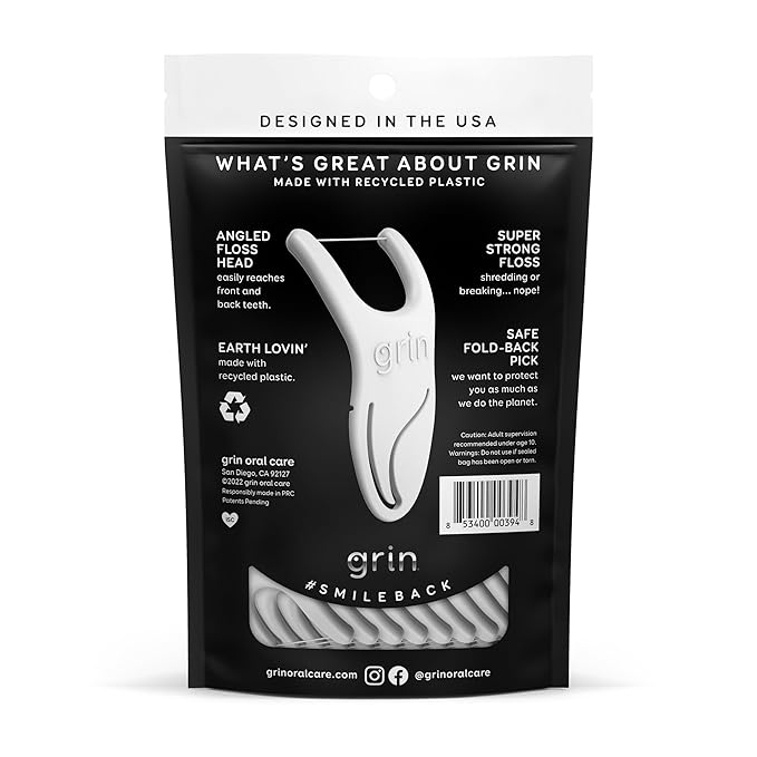 GRIN Molar Flosspyx, Floss Picks, 75 Count, Dental Flossers, Minty Flavor, Recycled Plastic, Great for Reaching Back Teeth, Slide Easily Between Teeth, Includes Safe Soft Fold-Back Tooth Pick