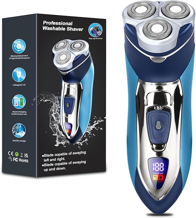 Sakioo Electric Shaver for Men, IPX7 Waterproof Washable, Pop-Up Trimmer, 360° Floating Head, Type-C Fast Charging LED Display, Cordless Wet/Dry Use, Sensitive Skin Friendly, Ideal Travel Gift for Men