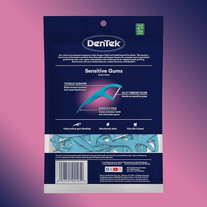 DenTek Comfort Clean Sensitive Gums Floss Picks, Soft & Silky Ribbon, 150 Count, 6 Pack (Blue)
