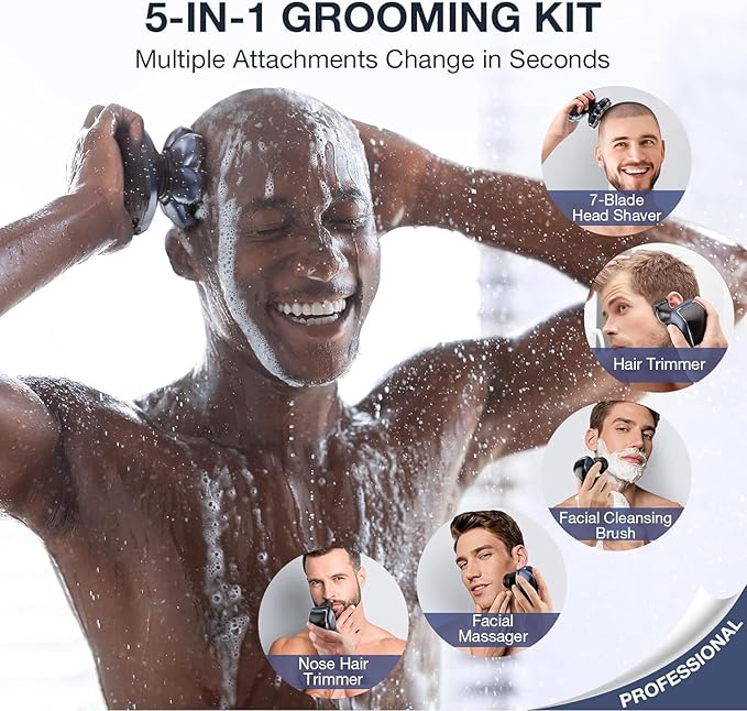 Head Shavers for Bald Men: 5-in-1 Electric Razor with 7D Floating Head & Double Blade - Waterproof Wet Dry Shaver, Travel Lock, LED Display (Bright Blue)