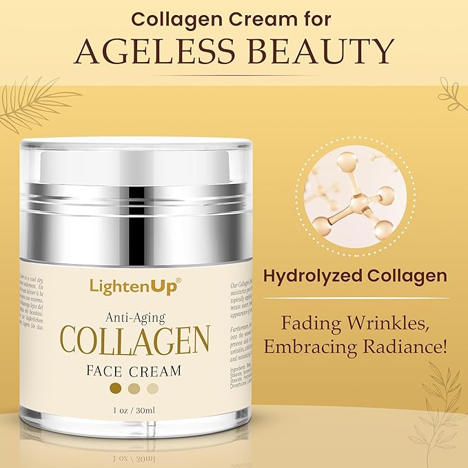 Lighten-Up Collagen Cream for Face - 1 fl oz / 30 ml - Antiaging, Fine Lines and Neck, Moisturizing and Hydrating Creams, Age Spots, with Hyaluronic Acid, for Women and Men