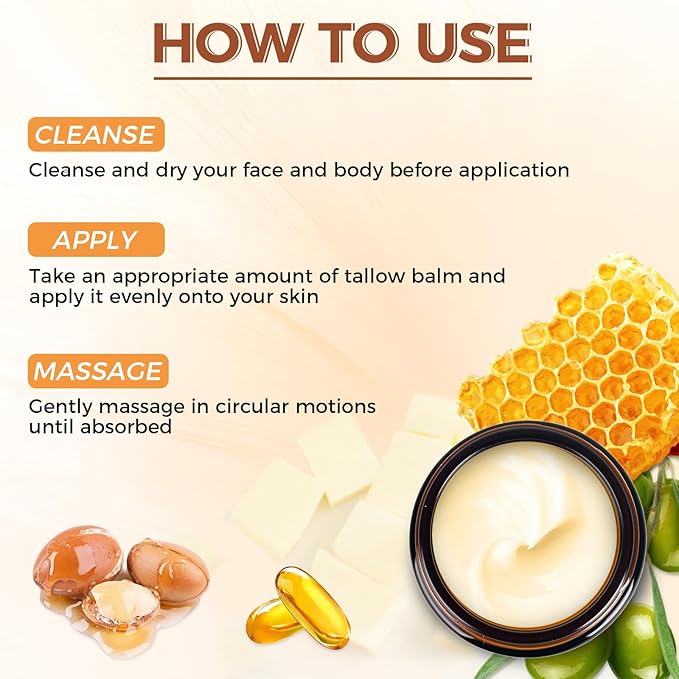 Beef Tallow for Skin, Tallow and Honey Balm for Face, Organic Grass-fed Beef Tallow Face Moisturizer for Deep Nourish and Soothe Dry Skin (2.12oz/60g)