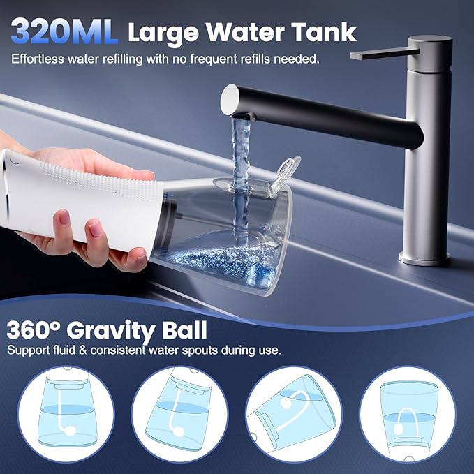 Water Flosser for Teeth Cleaning and Flossing, 5 Modes Rechargeable Cordless Oral Irrigator 320ml Water Tank Teeth Cleaner, IPX7 Waterproof Portable Electric Dentel Flossers for Home and Travel,White