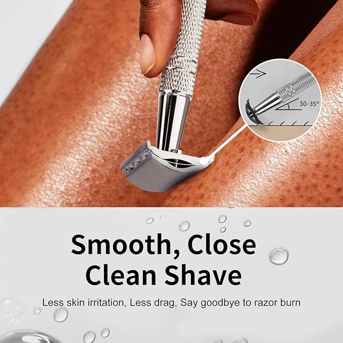 Double Edge Safety Razor for Men and Women, Single Blade Razors, with 10 Stainless Steel Blades, Reusable Metal Razor, Smooth and Close Shave, Sustainable, Plastic Free, Silver