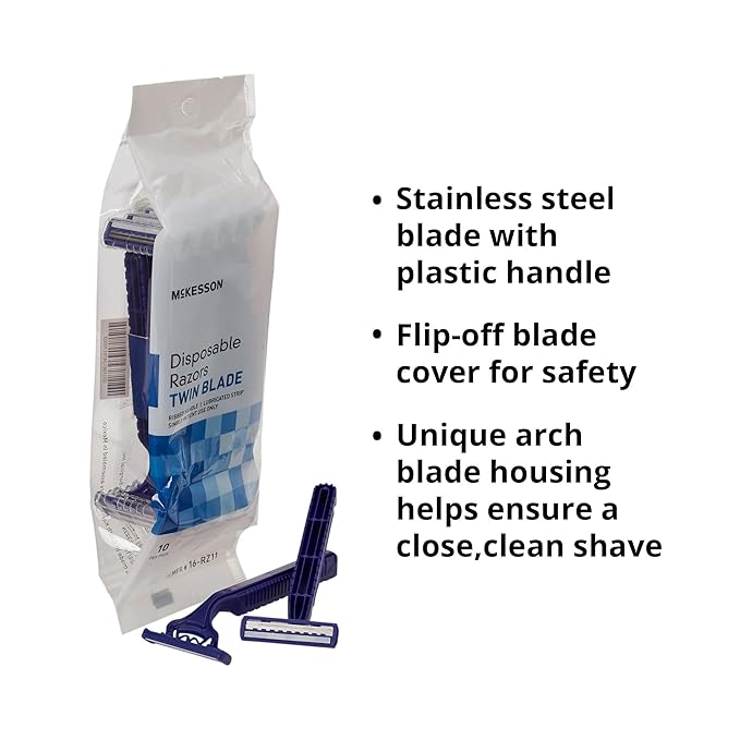 McKesson Disposable Razors, Stainless Steel Twin Blade, Lubricated Strip, Ribbed Handle, Blue, 10 Count, 12 Packs, 120 Total