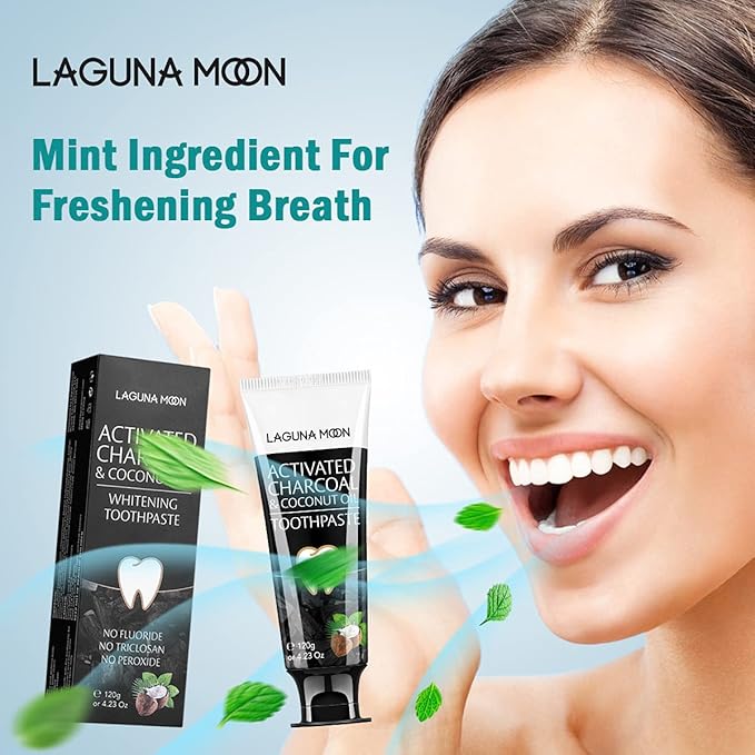 Lagunamoon Whitening Charcoal Toothpaste for Sensitive Teeth, Enamel Repair, Cavity Protection - Natural Toothpaste for Whitening, Removing Stains, Mint Flavor Freshen Breath Mint Gel - No Peroxide