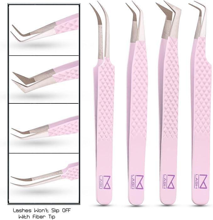 M LASH Tweezers for Eyelash Extensions (Set of 4) - Professional Lash Extension Tweezers - Fiber Tip, Japanese Steel, Diamond Grip Eyelash Extension Tweezer set (Lilac)