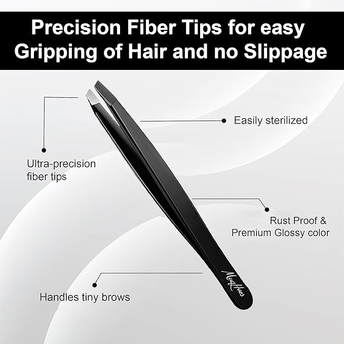 Fiber Tip Eyebrow Tweezers Set for Women & Men, 4 Pcs Professional Stainless Steel Tweezer Kit with Slant, Pointed, Flat & Pointed-Slant Tips for Facial Hair & Eyebrow Removal (Black)