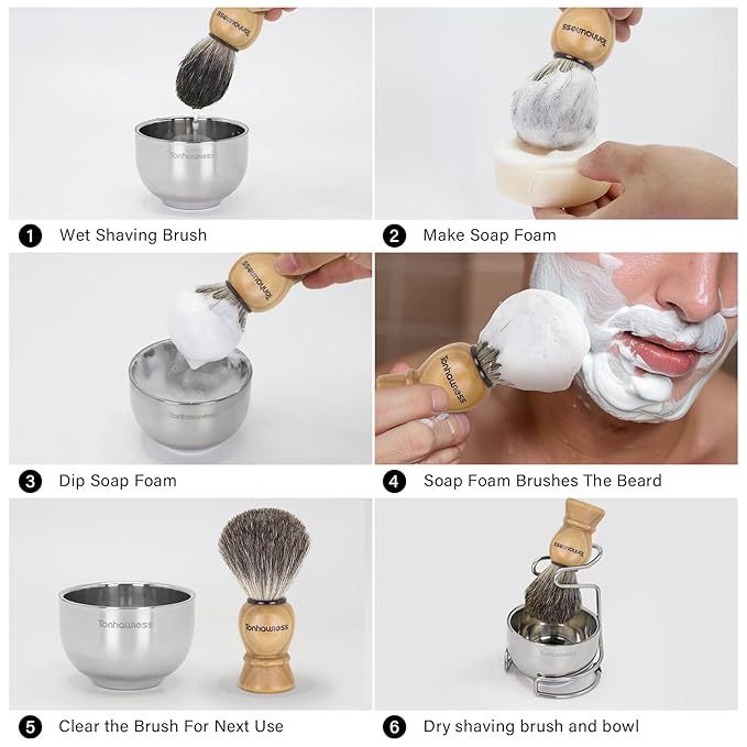 Shaving Brush Kit for Men, 4 in 1 Shaving Brush Set Includes Pure Badger Shaving Brush, Shaving Soap and Stainless Steel Shaving Bowl & Stand for Men’s Barber Shave Gift