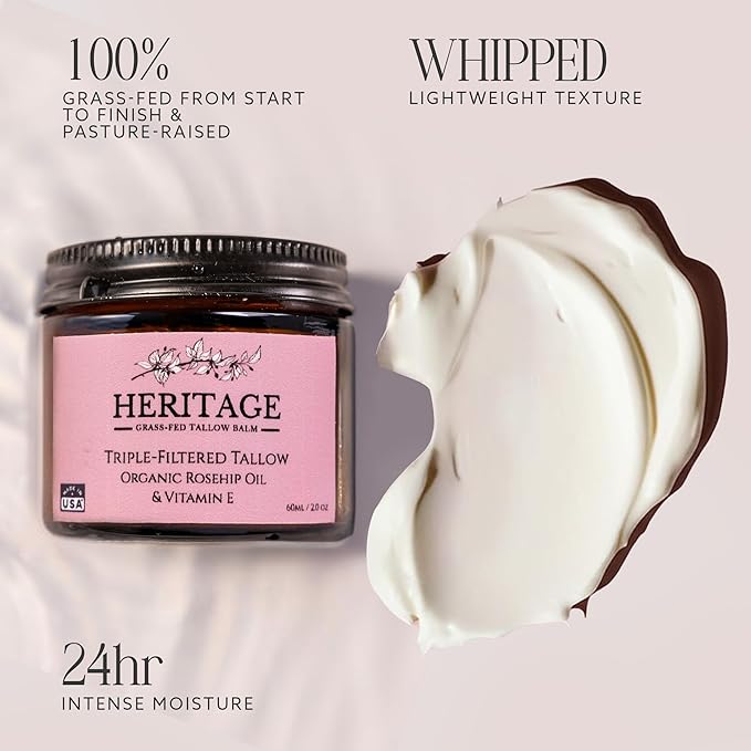 Whipped Beef Tallow for Skin Eczema - Infused Rosehip Oil - Made in USA, Baby, Men, Women All-Natural Moisturizer for Body & Face, Wrinkle Repair Anti Aging Defense, Grass Fed Skincare - 2 Oz
