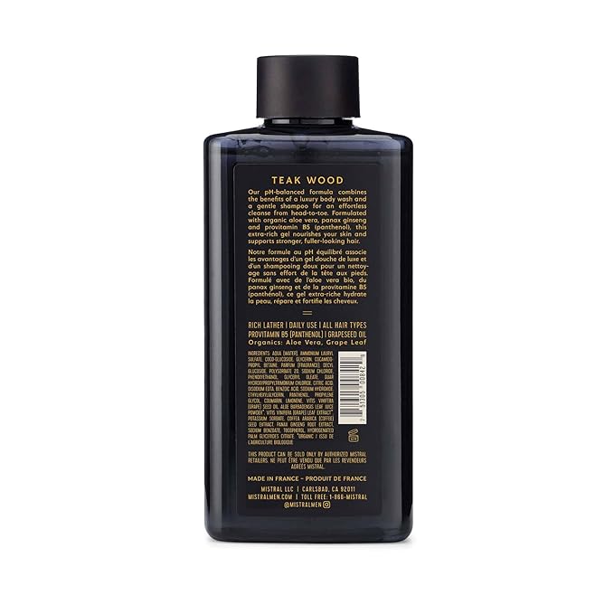 Mistral Men's Body Wash & Shampoo, Teakwood 13.5 oz | 2-in-1 Natural Shower Gel for Men | SLS, Paraben & Phthalate Free | Natural Men’s Body Wash, Moisturizing Bath Gel - Made in France