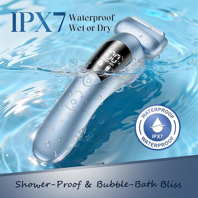 Cordless Electric Razors for Women: Rechargeable Painless Bikini Trimmer for Body Hair - IPX7 Waterproof Shaver with LED Display for Face/Underarm/Leg Deep Blue