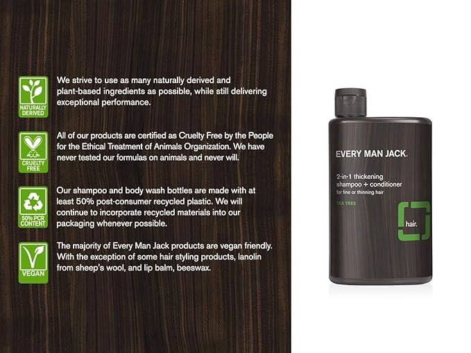 Every Man Jack 2-in-1 Thickening Shampoo + Conditioner - Thicken, Cleanse, and Hydrate Hair with Coconut, Aloe, and Tea Tree Oil - Naturally Derived and No Harsh Chemicals - Twin Pack