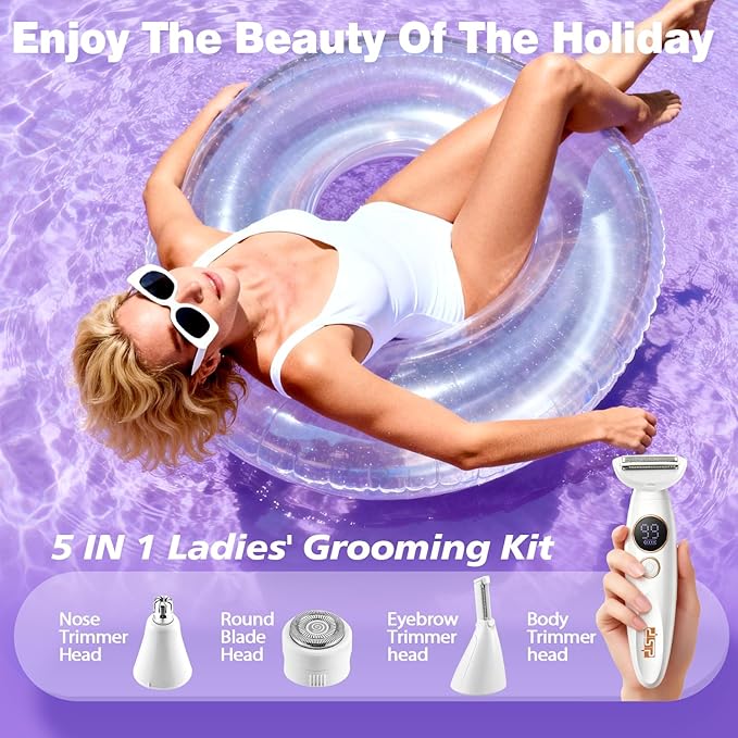 DSP 5-in-1 Electric Shaver for Women, Waterproof Painless Hair Removal Trimmer with Nose/Eyebrow/Bikini Attachments, USB Rechargeable Ladies Grooming Kit for Face Legs Arms