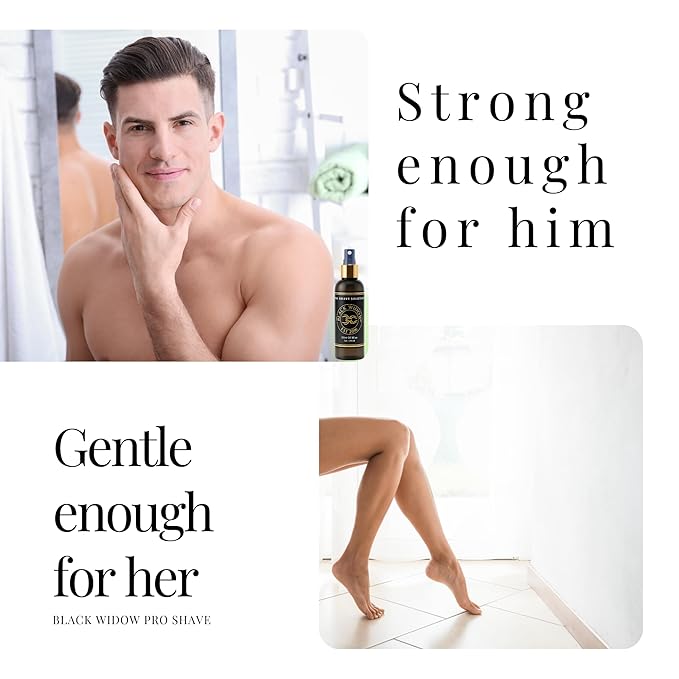 Black Widow Pro Shave Solution – No-Mess Shave Spray Lotion with Hint of Mint, Hydrating Slick Shaving Lotion for Men & Women, Reduces Razor Burn & Skin Irritation for Smooth, Comfortable Shaves